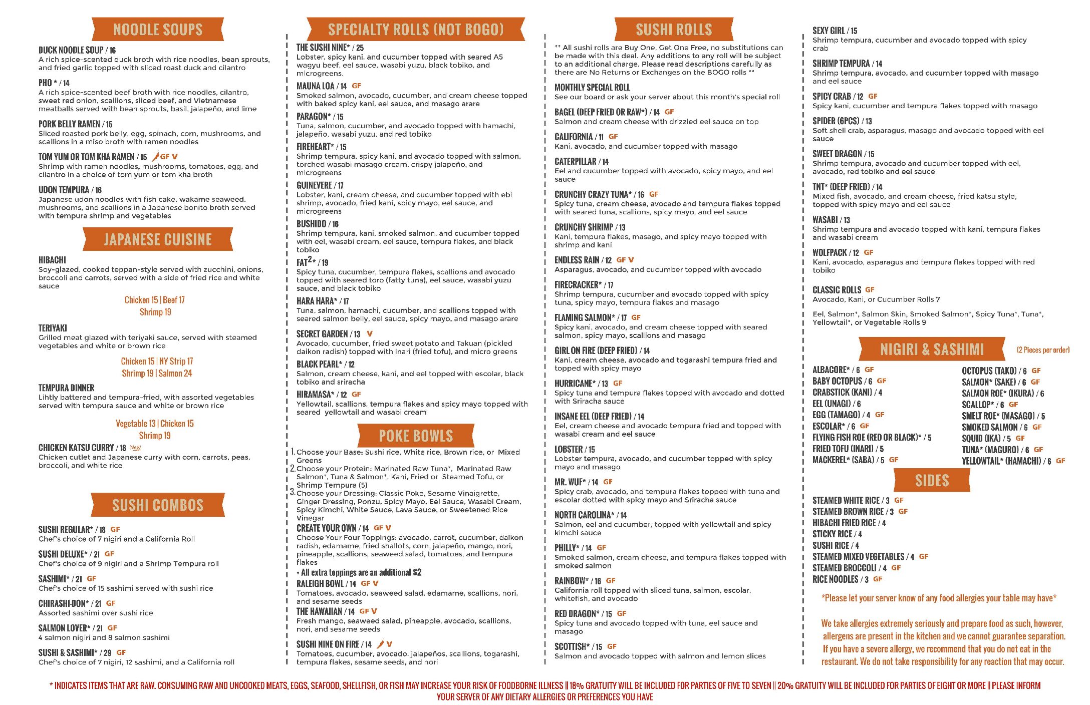 Sushi Nine Menu Back